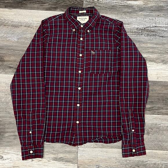 Abercrombie & Fitch Red Blue Plaid Mens XXL Americana Muscle Button Down Shirt - Picture 2 of 11